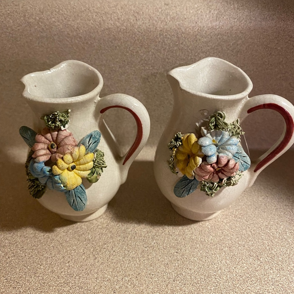 Small Ceramic 3  inch Vases —Italy -Light Cream with blue pink yellow floral